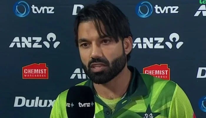 Pakistan captain Mohammad Rizwan speaks in the post-match conference after the defeat in the second ODI against New Zealand at Seddon Park in Hamilton on April 2, 2025. — Screengrab via Geo News